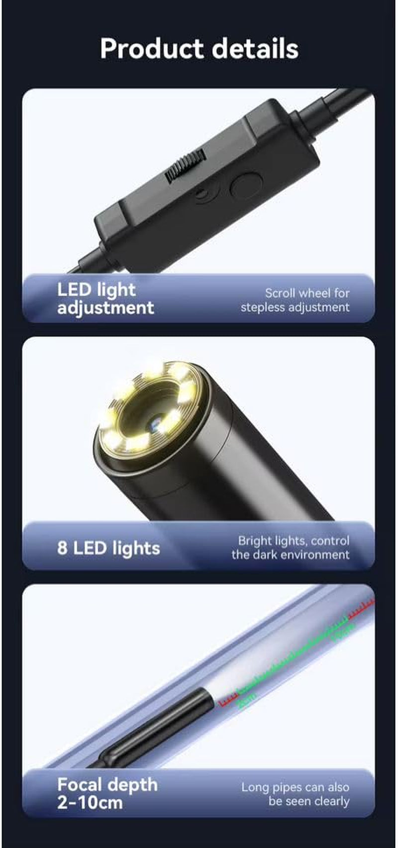 1920P HD 10FT Endoscope with Light, Borescope with 8 Adjustable LED Lights, USB Type C, Inspection Camera with Semi-Rigid Snake Cable for Android and Ios Smartphones, Iphone, Ipad.