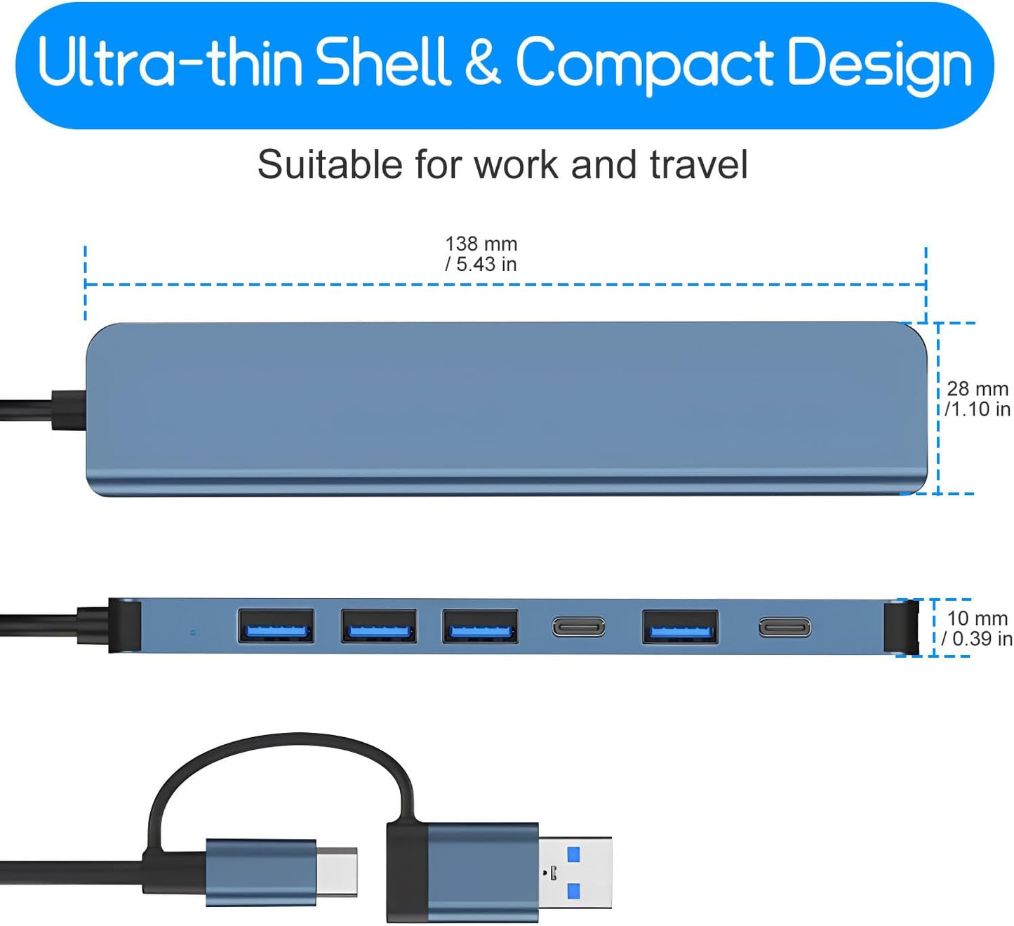 USB Hub 3.0,USB C Hub,Usb Hub with USB C Multiport Adapter, USB Splitter with 1Xusb 3.0,4Xusb2.0,2 X USB C,USB C Hub for Macbook Pro/Pc/Laptop/Tablet Devices (Grey 7In1)