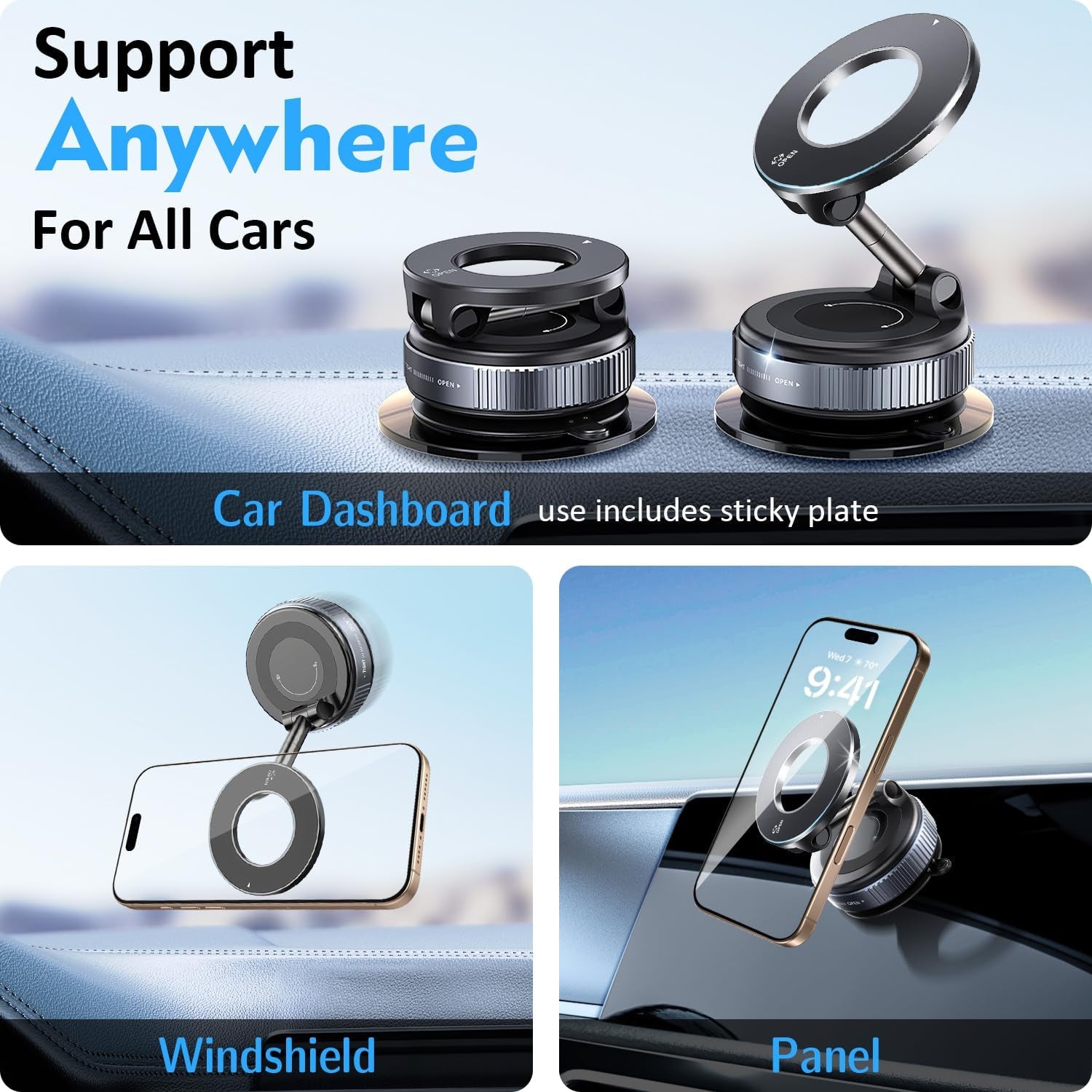 Vacuum Magnetic Phone Holder for Car,Suction Cup Car Phone Mount for Mag Safe,Foldable Magnetic Phone Stand[89+Lbs Strongest Suction&2800Gf Magnetic]360°Adjustable Swivel Lock,For Your Car/Gym/Mirror