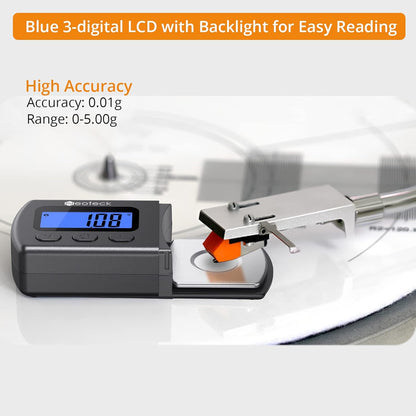 Digital Turntable Stylus Force Gauge 0.01G/5.00G with Blue LCD Backlight Turntable Stylus Pressure Gauge with 5G Weight & Leather Case Accurate Tracking for Tonearm Phono Cartridge-Grey