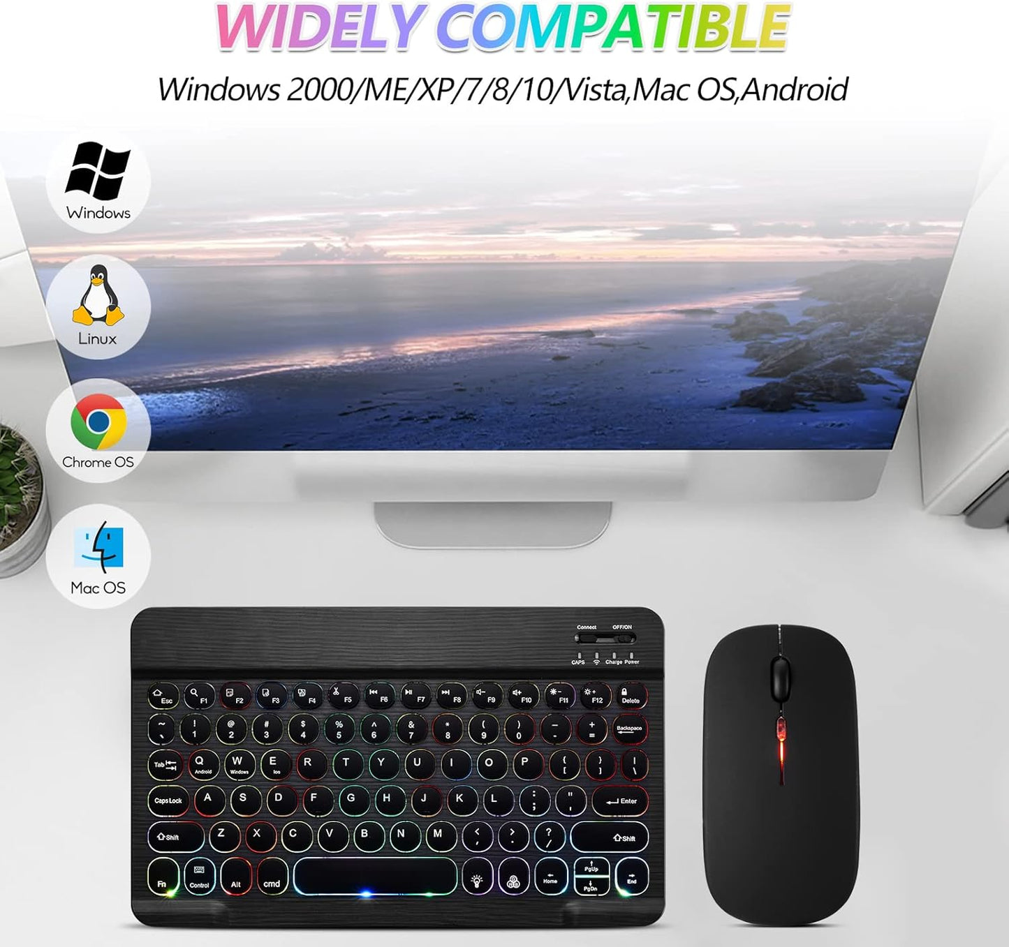 Ultra-Slim Lightweight Bluetooth Keyboard and Mouse Portable Wireless Keyboard Rechargeable 7-Color Backlit for Apple Ipad Iphone Samsung Tablet Iphone Smartphone Ios Android Windows, round Keys Black