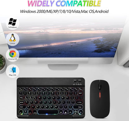 Ultra-Slim Lightweight Bluetooth Keyboard and Mouse Portable Wireless Keyboard Rechargeable 7-Color Backlit for Apple Ipad Iphone Samsung Tablet Iphone Smartphone Ios Android Windows, round Keys Black