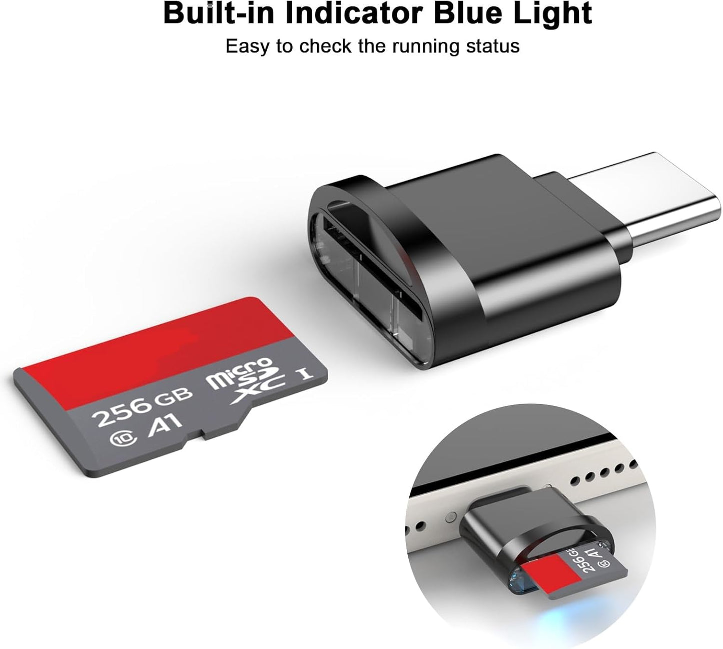 Micro SD Card Reader Compatible for Iphone 16/16 Plus/16 Pro/16 Pro Max/15/15 Plus/15 Pro/15 Pro Max, Mini USB Type C to Micro SD/TF Card Reader Viewer Micro SD Card Adapter, Plug and Play, Black