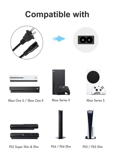 AC Power Cord Compatible with Xbox Series S/Series X, Xbox One S/X, PS5/PS4/PS3 Slim, 2 Prong Power Cable Replacement