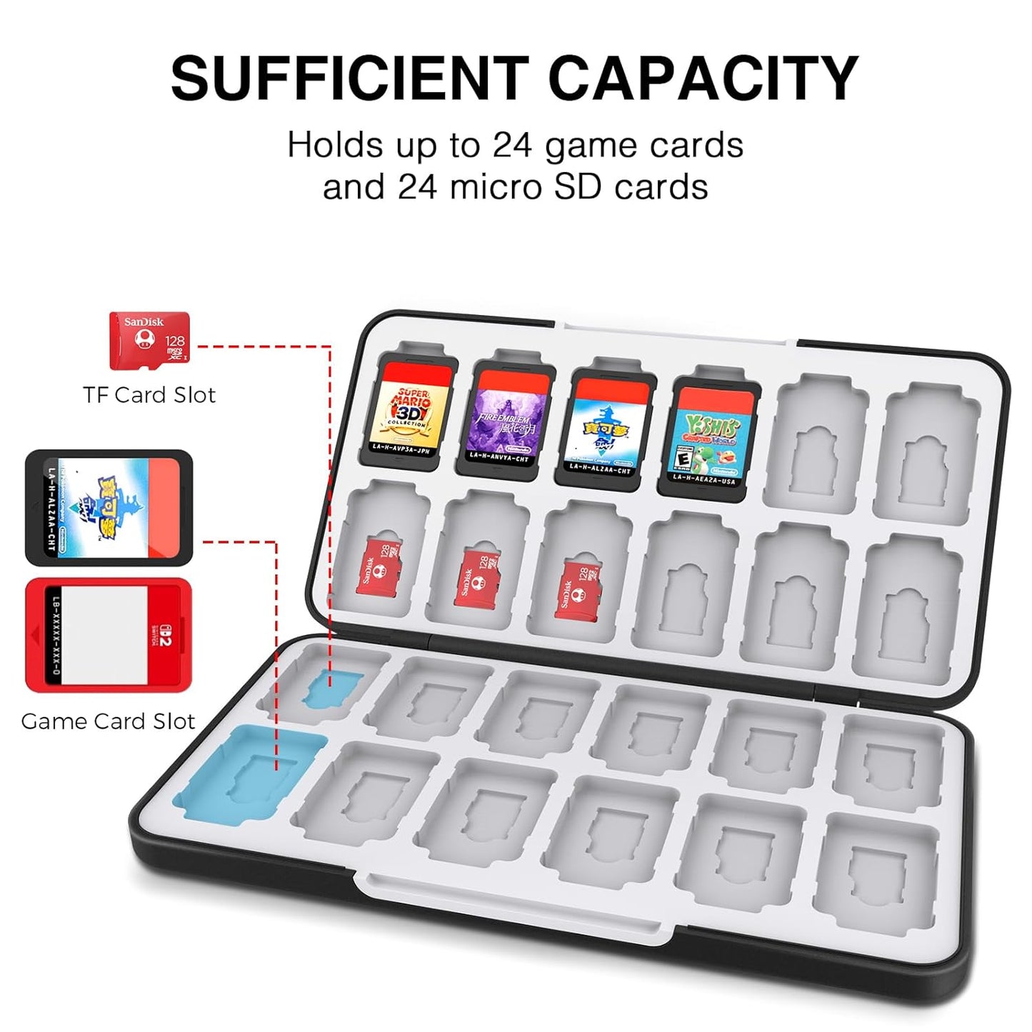 Switch Game Card Case for Switch 2 & OLED & Lite,Portable Black Memory Storage Holder with 24 Game Card Slots and 24 Micro SD Cards Slots for Easy Carrying