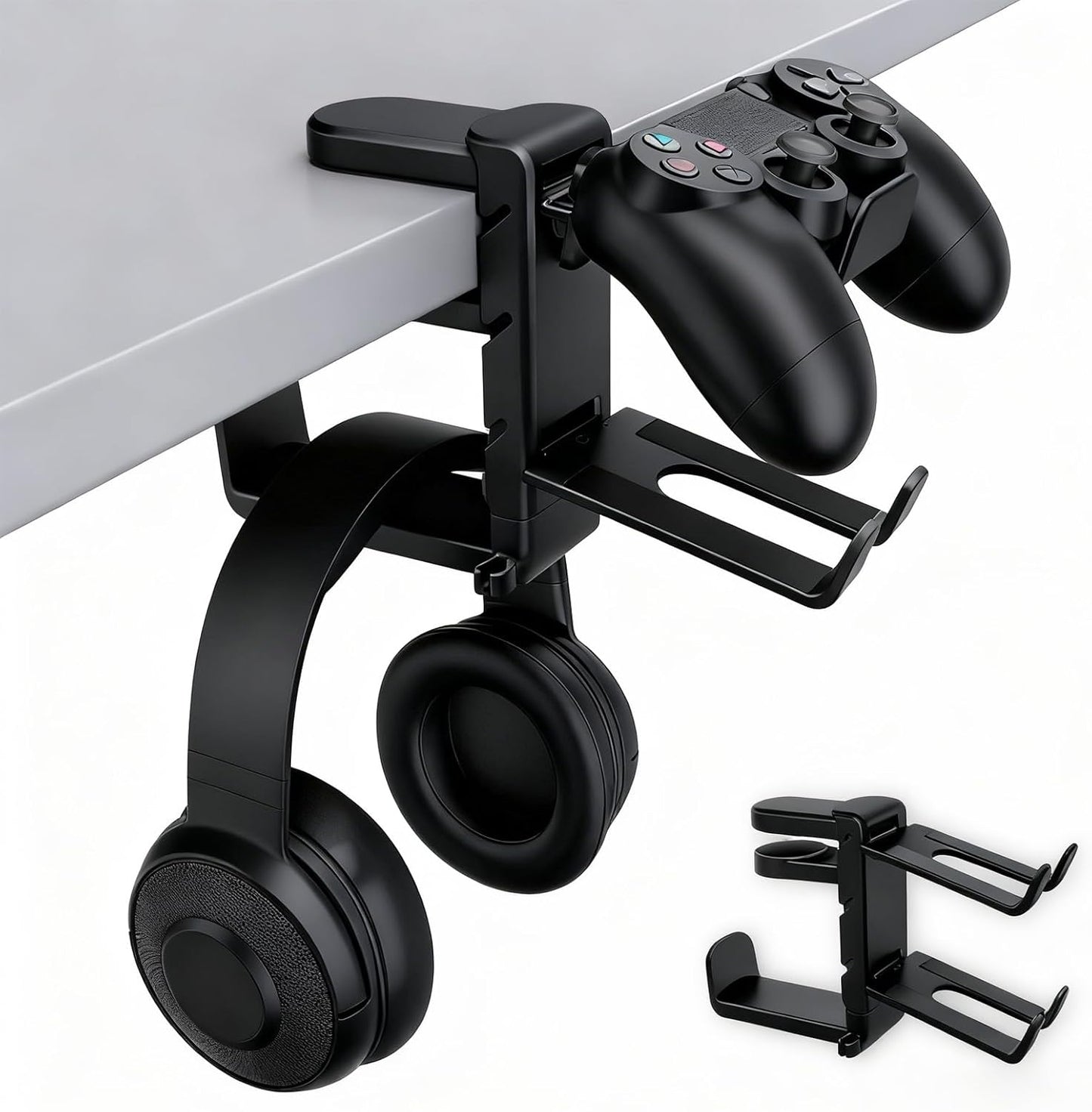Rotating Headphone Stand with 360° Swivel - Adjustable Clamp-On under Desk Headset Holder, Universal Gaming & Office Headphone Hanger (Black)