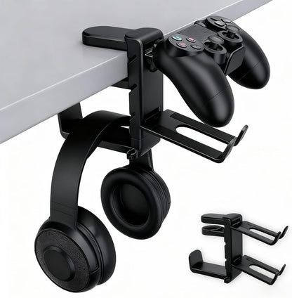 Rotating Headphone Stand with 360° Swivel - Adjustable Clamp-On under Desk Headset Holder, Universal Gaming & Office Headphone Hanger (Black)