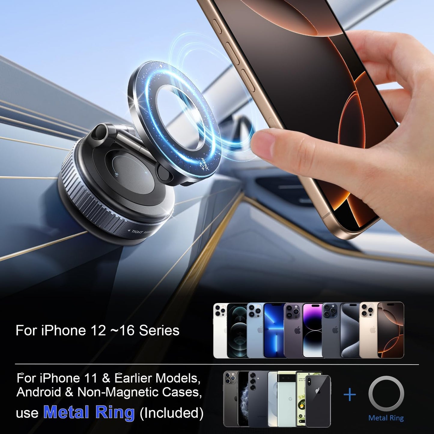 Vacuum Magnetic Phone Holder for Car,Suction Cup Car Phone Mount for Mag Safe,Foldable Magnetic Phone Stand[89+Lbs Strongest Suction&2800Gf Magnetic]360°Adjustable Swivel Lock,For Your Car/Gym/Mirror