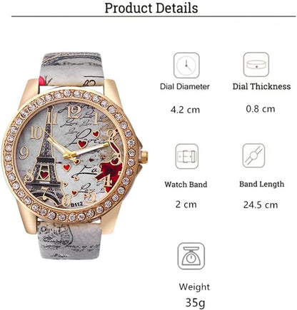Wholesale PU Leather Strap Watch Mother Day Gift Bling Rhinestone Accented Eiffel Tower Ladies Women Watches