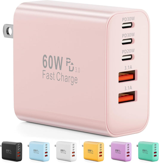USB C Charger Block, 60W 5-Port Type C Charger Fast Charging Block, USBC USB Multiple Port Wall Charger Plug Adapter for Iphone 17/Air/16/15/14/13/12/11 Pro Max, Samsung Galaxy, Ipad, Tablet (Pink)