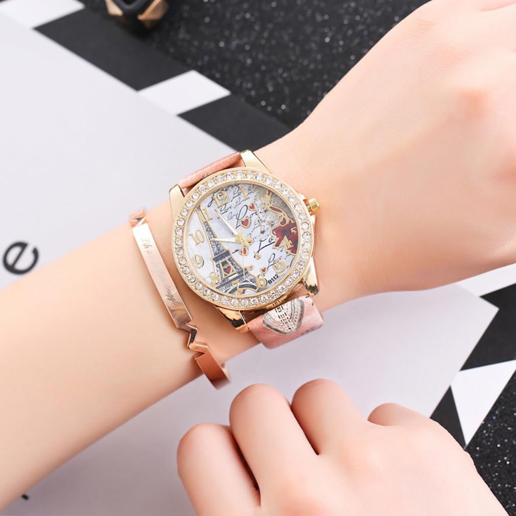 Wholesale PU Leather Strap Watch Mother Day Gift Bling Rhinestone Accented Eiffel Tower Ladies Women Watches