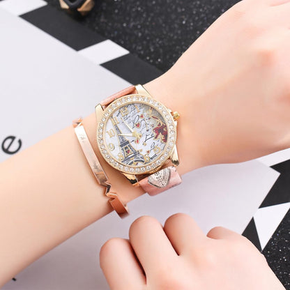 Wholesale PU Leather Strap Watch Mother Day Gift Bling Rhinestone Accented Eiffel Tower Ladies Women Watches