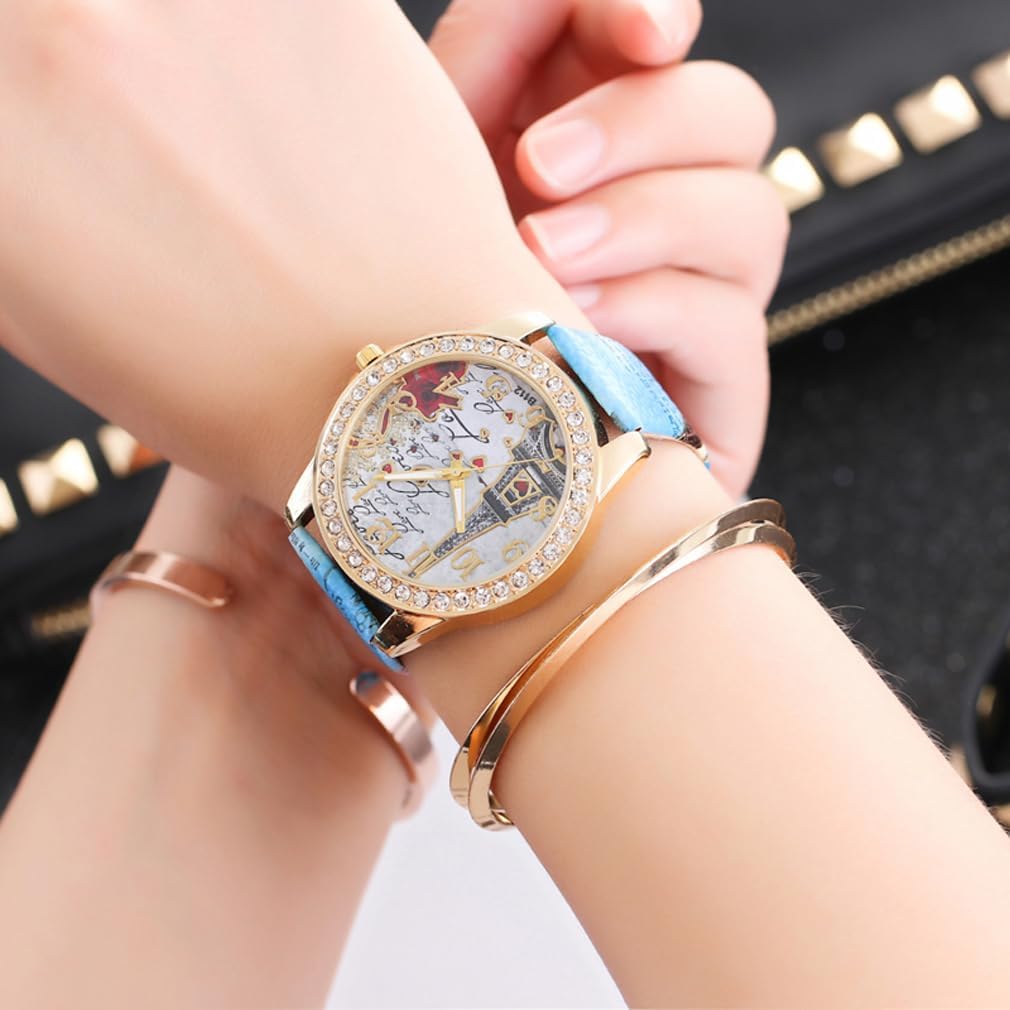 Wholesale PU Leather Strap Watch Mother Day Gift Bling Rhinestone Accented Eiffel Tower Ladies Women Watches