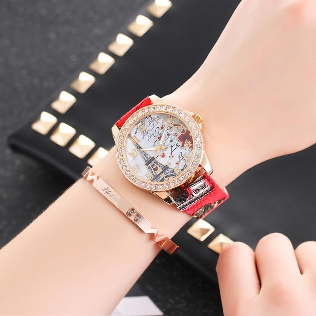 Wholesale PU Leather Strap Watch Mother Day Gift Bling Rhinestone Accented Eiffel Tower Ladies Women Watches