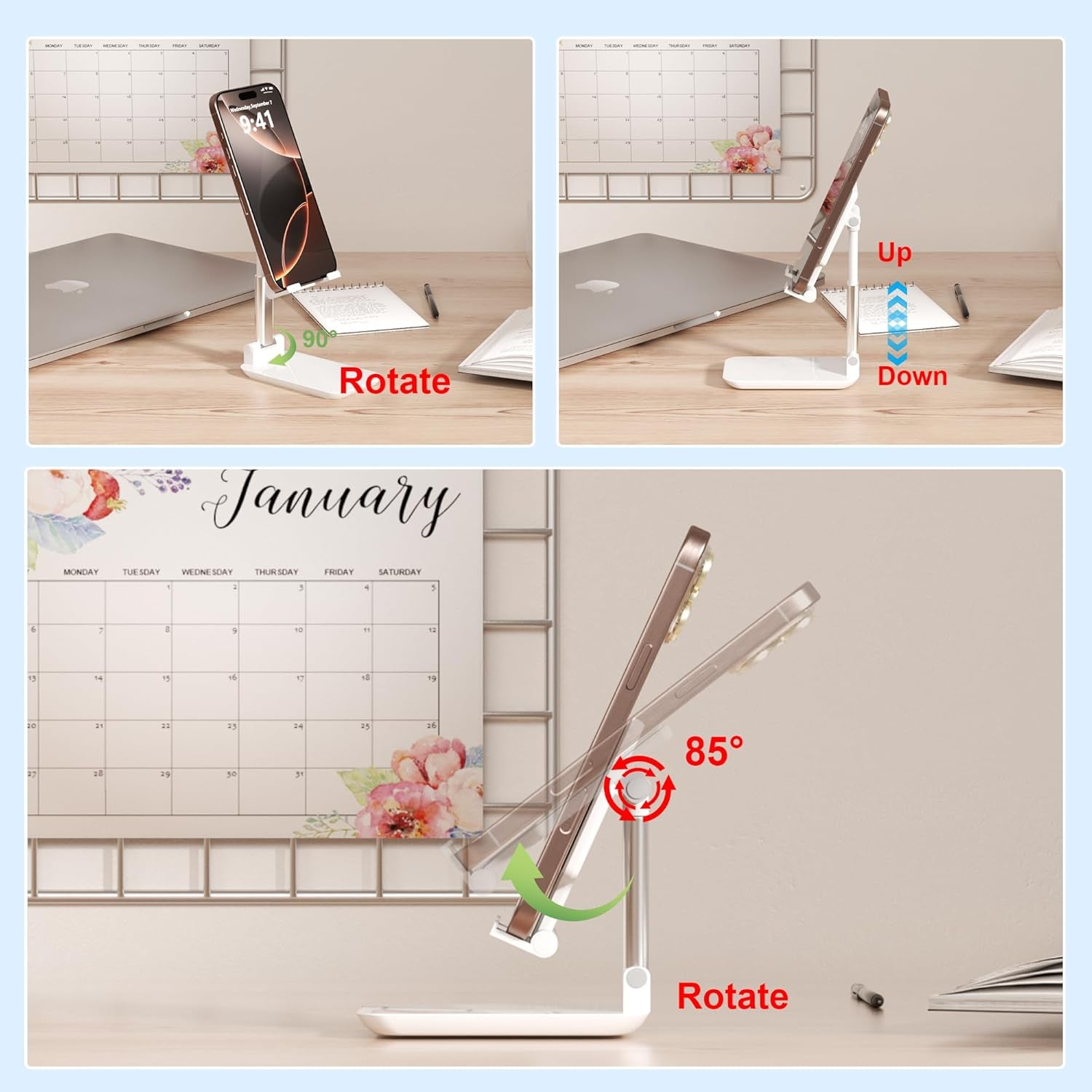 Cell Phone Stand,Adjustable Angle Height Phone Stand for Desk,Fully Foldable/Portable Phone Holder with Silicon Pad for Iphone 16/15/14/13/12/Smartphones,All Mobile Phones (White)