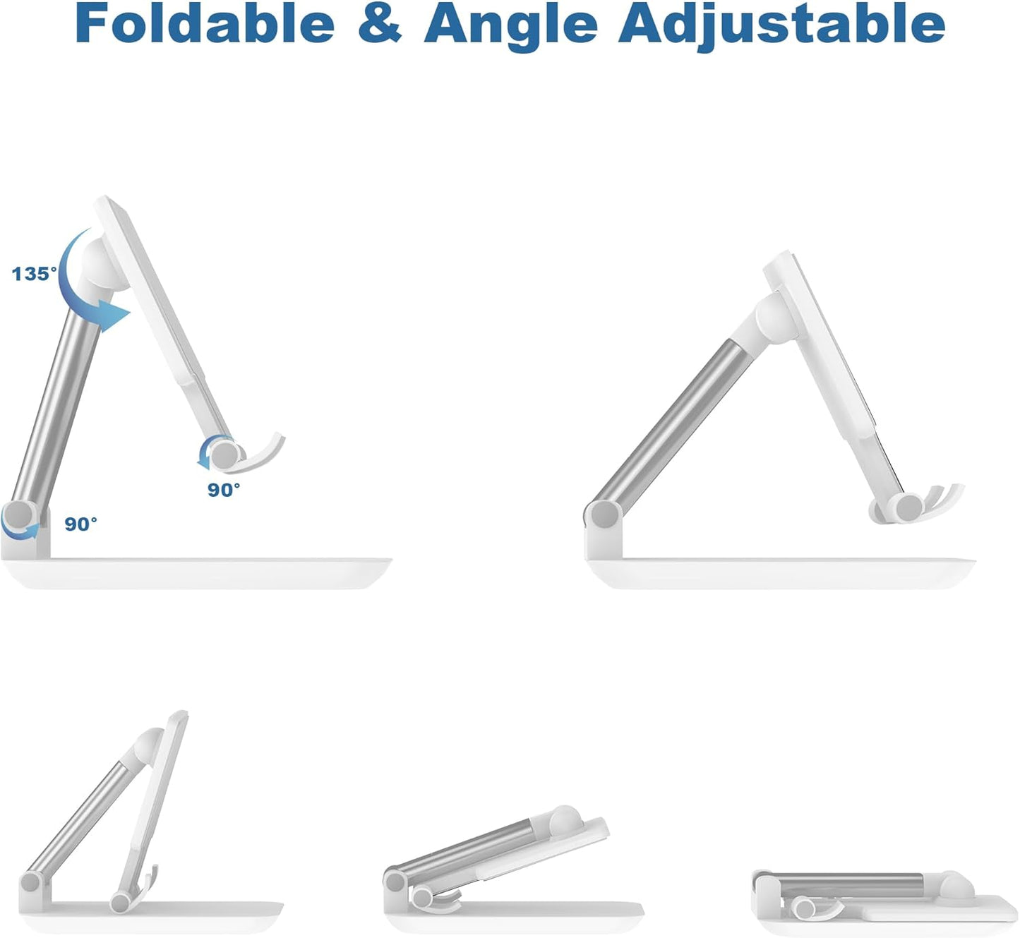 Cell Phone Stand,Adjustable Angle Height Phone Stand for Desk,Fully Foldable/Portable Phone Holder with Silicon Pad for Iphone 16/15/14/13/12/Smartphones,All Mobile Phones (White)