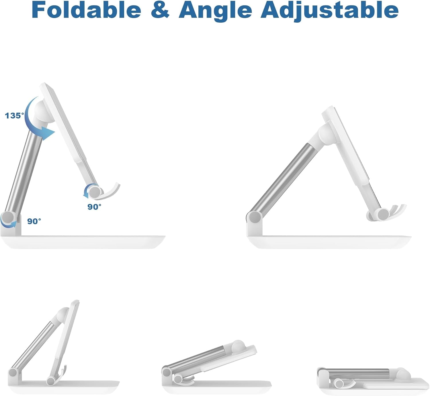 Cell Phone Stand,Adjustable Angle Height Phone Stand for Desk,Fully Foldable/Portable Phone Holder with Silicon Pad for Iphone 16/15/14/13/12/Smartphones,All Mobile Phones (White)