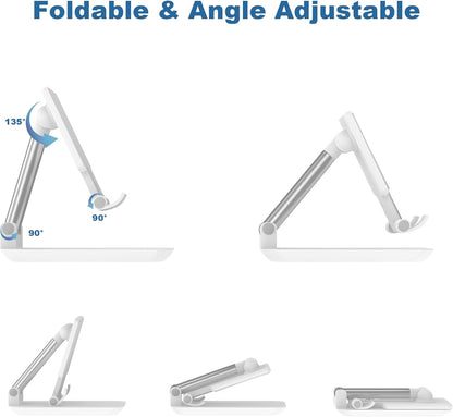 Cell Phone Stand,Adjustable Angle Height Phone Stand for Desk,Fully Foldable/Portable Phone Holder with Silicon Pad for Iphone 16/15/14/13/12/Smartphones,All Mobile Phones (White)