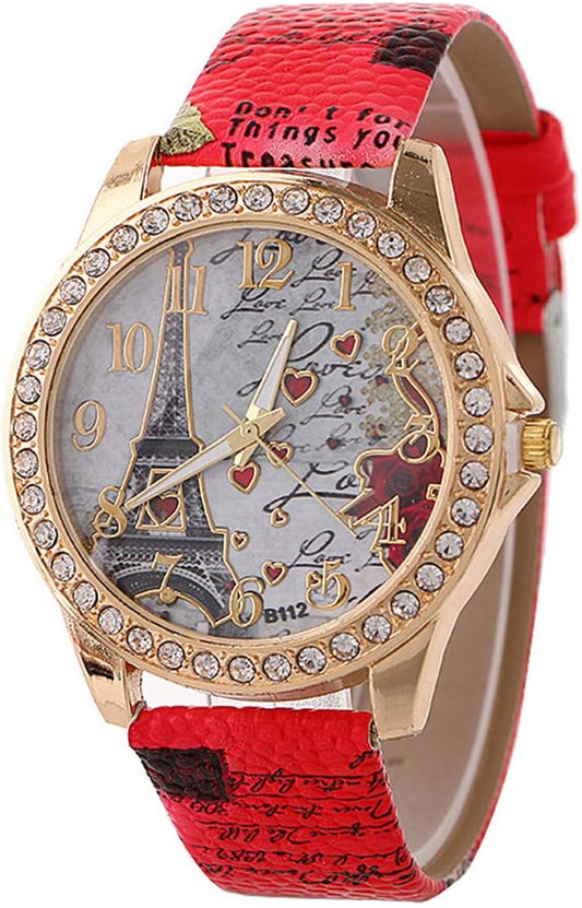 Wholesale PU Leather Strap Watch Mother Day Gift Bling Rhinestone Accented Eiffel Tower Ladies Women Watches