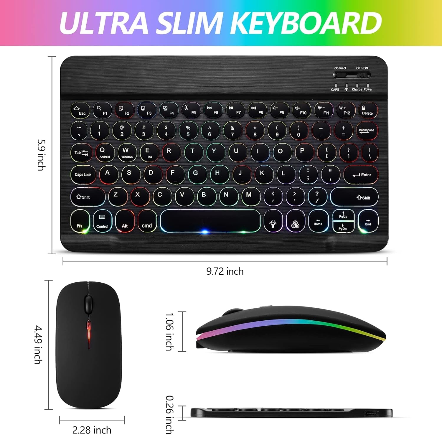 Ultra-Slim Lightweight Bluetooth Keyboard and Mouse Portable Wireless Keyboard Rechargeable 7-Color Backlit for Apple Ipad Iphone Samsung Tablet Iphone Smartphone Ios Android Windows, round Keys Black