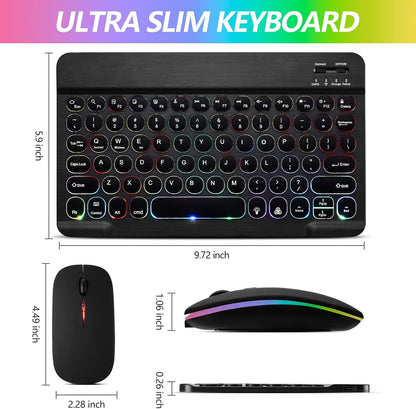 Ultra-Slim Lightweight Bluetooth Keyboard and Mouse Portable Wireless Keyboard Rechargeable 7-Color Backlit for Apple Ipad Iphone Samsung Tablet Iphone Smartphone Ios Android Windows, round Keys Black