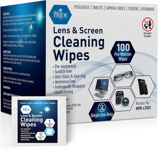 Lens and Screen Cleaning Wipes for Eyeglasses, Touch Screens, Cameras, Anti-Fog, Scratch-, Anti-Static (100 100 Count (Pack of 1))