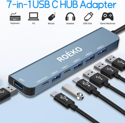 USB Hub 3.0,USB C Hub,Usb Hub with USB C Multiport Adapter, USB Splitter with 1Xusb 3.0,4Xusb2.0,2 X USB C,USB C Hub for Macbook Pro/Pc/Laptop/Tablet Devices (Grey 7In1)