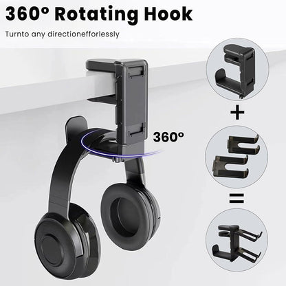 Rotating Headphone Stand with 360° Swivel - Adjustable Clamp-On under Desk Headset Holder, Universal Gaming & Office Headphone Hanger (Black)