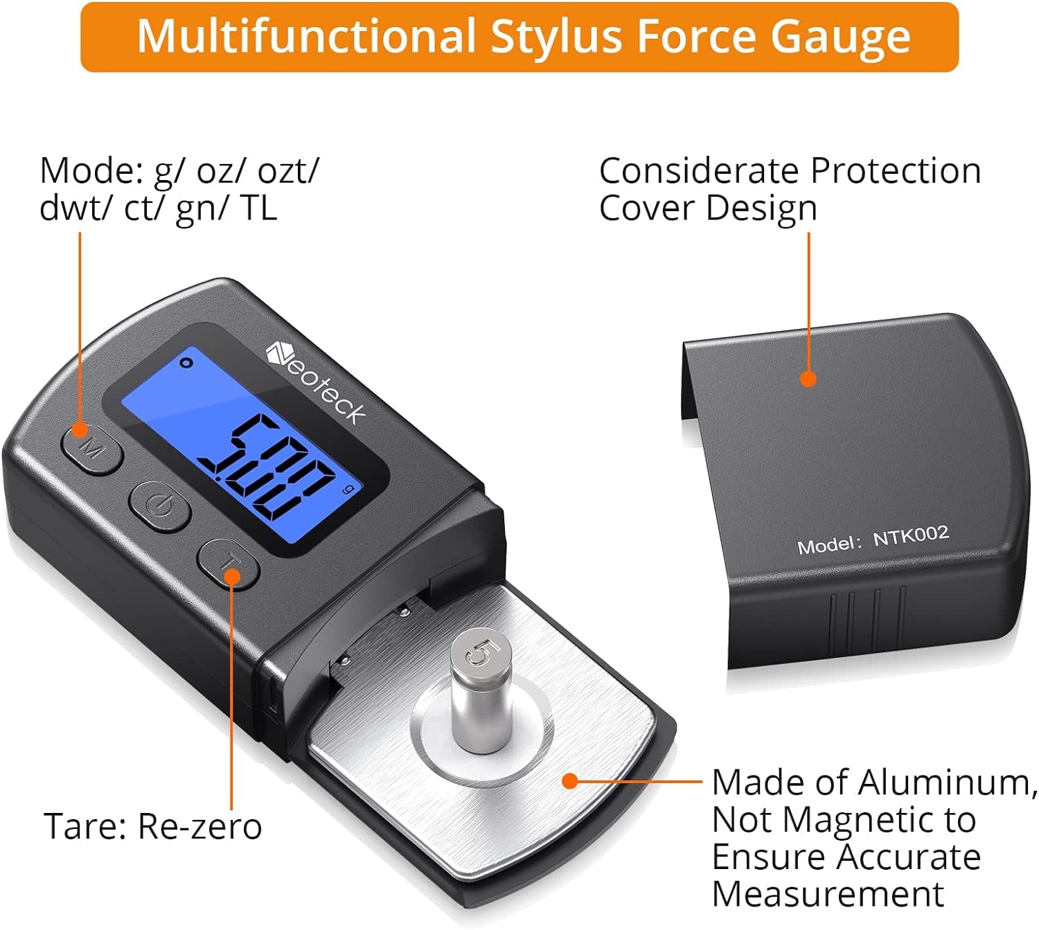 Digital Turntable Stylus Force Gauge 0.01G/5.00G with Blue LCD Backlight Turntable Stylus Pressure Gauge with 5G Weight & Leather Case Accurate Tracking for Tonearm Phono Cartridge-Grey