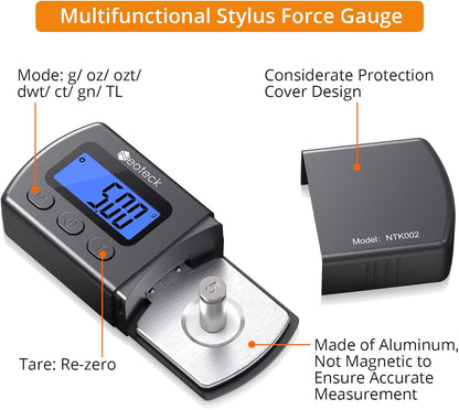 Digital Turntable Stylus Force Gauge 0.01G/5.00G with Blue LCD Backlight Turntable Stylus Pressure Gauge with 5G Weight & Leather Case Accurate Tracking for Tonearm Phono Cartridge-Grey