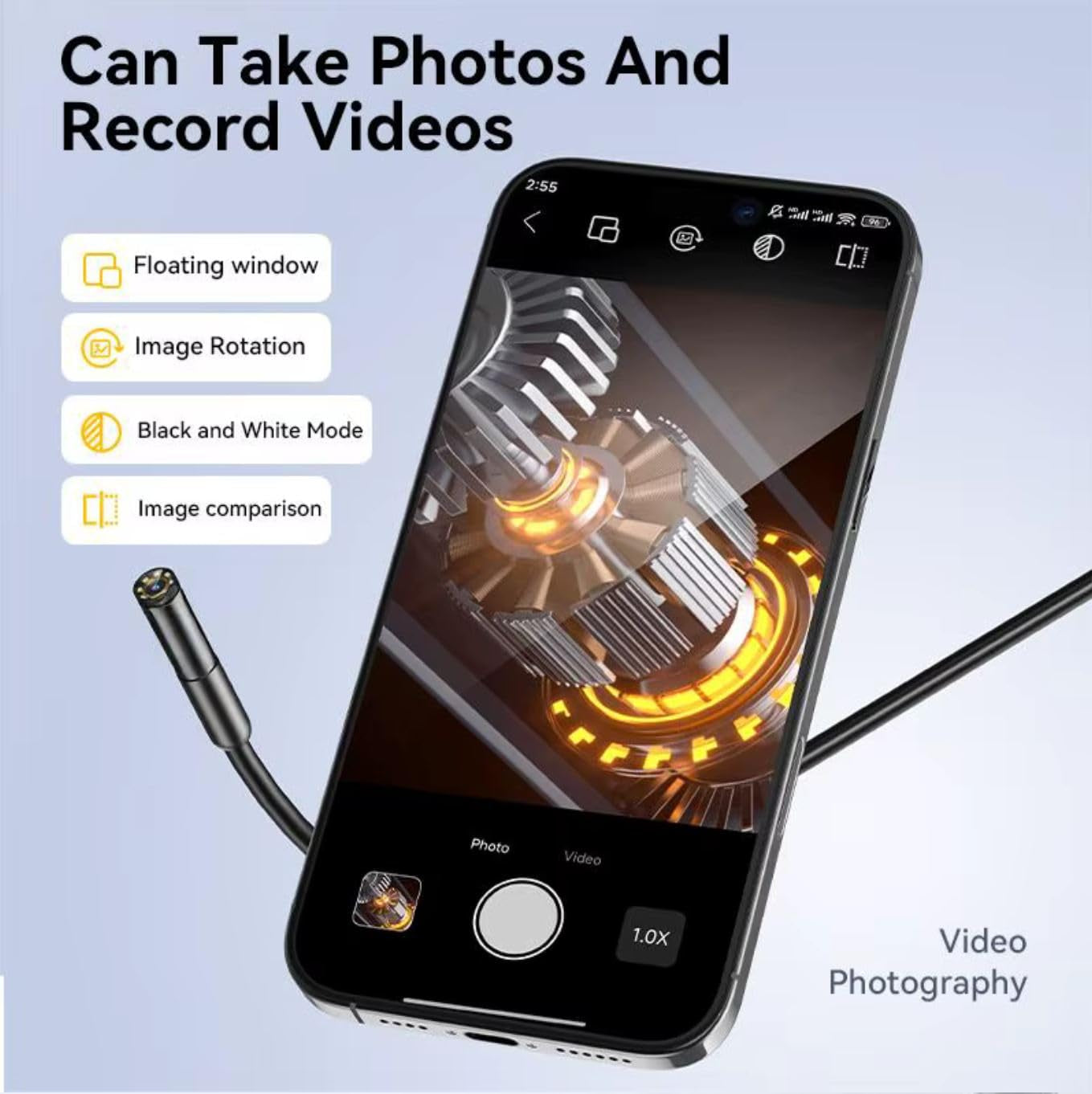 1920P HD 10FT Endoscope with Light, Borescope with 8 Adjustable LED Lights, USB Type C, Inspection Camera with Semi-Rigid Snake Cable for Android and Ios Smartphones, Iphone, Ipad.