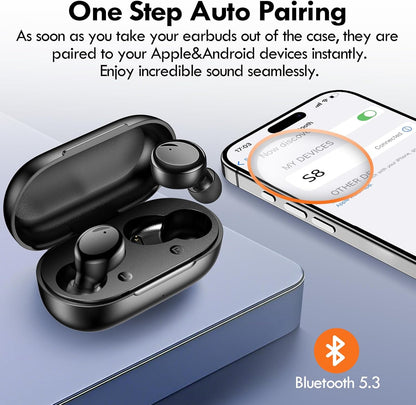 True Wireless Bluetooth 5.3 Earbuds, 48H Playtime,Light Weight Headphones in Ear Buds Built in Mic Headset Premium Sound with Deep Bass,Clear Calls Earphones for Sports Workout Black