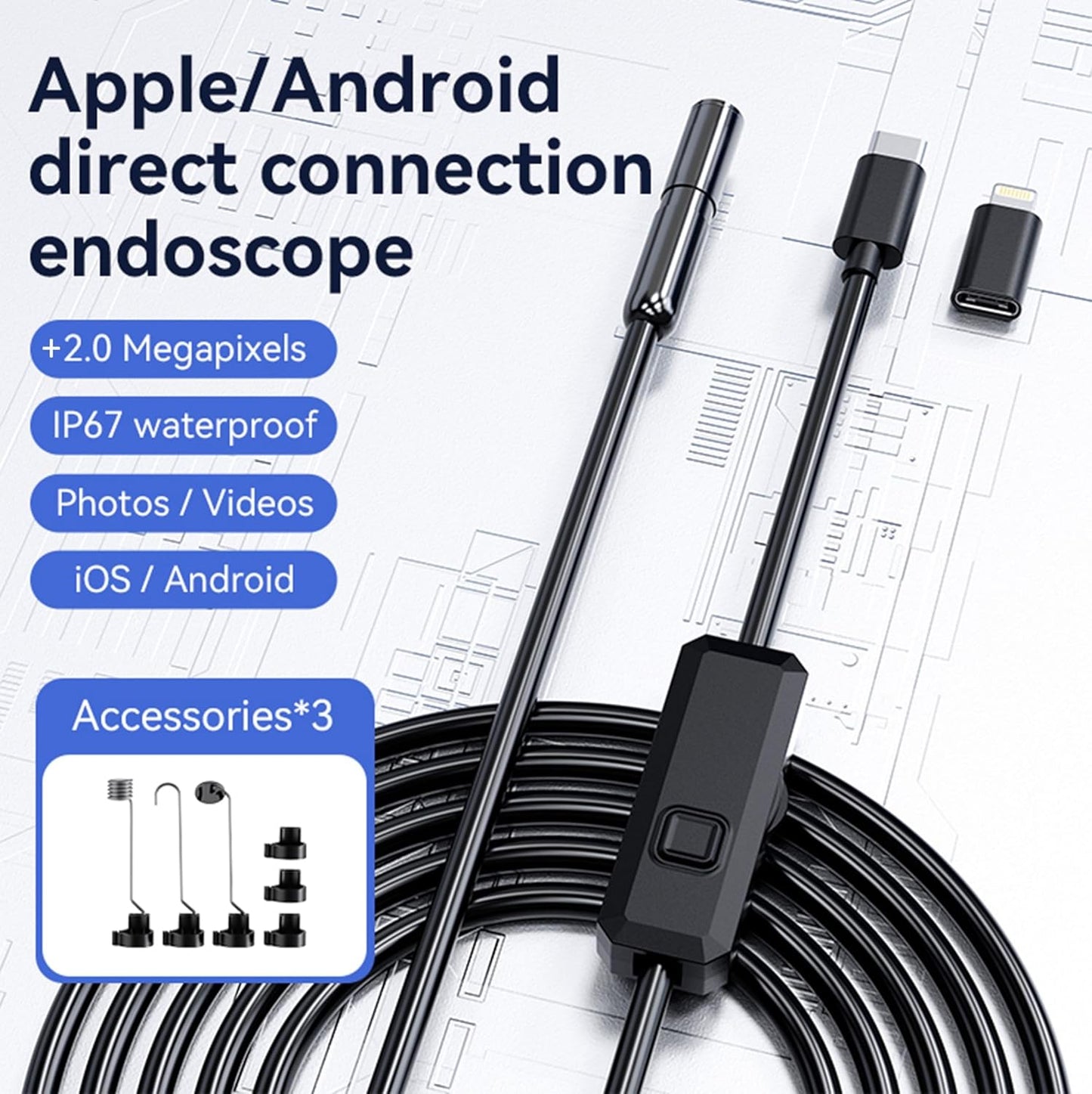 1920P HD 10FT Endoscope with Light, Borescope with 8 Adjustable LED Lights, USB Type C, Inspection Camera with Semi-Rigid Snake Cable for Android and Ios Smartphones, Iphone, Ipad.