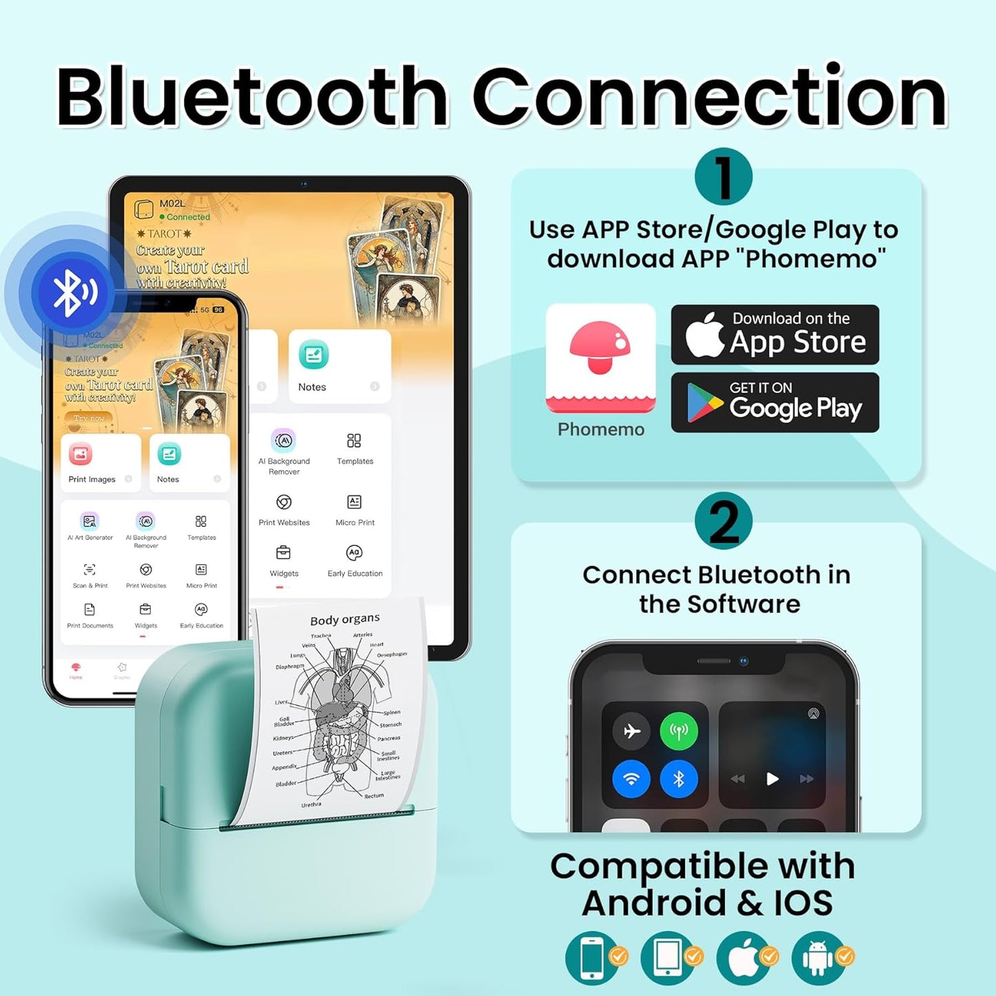 Sticker Printer, Print Pods Mini Printer, Mini Sticker Maker Compatible with Phone & Tablet, M02L Print Pods Mini Printer for School Notes, Scrapbook, Anatomical Diagram