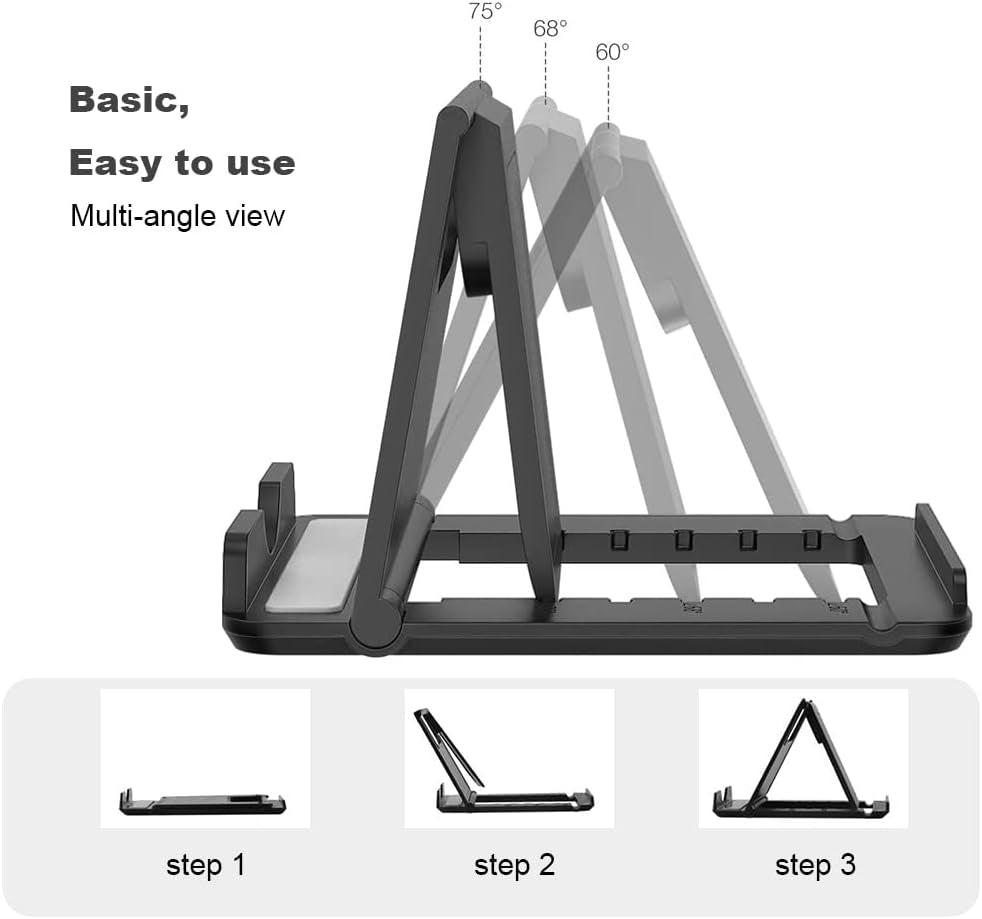 2 Pack Portable Cell Phone Stand Holder for Desk, Foldable Pocket-Sized Mount, Universal Adjustable Desktop Mobile Phone Kickstand Compatible with Iphone Ipads Kindle Android Black & White