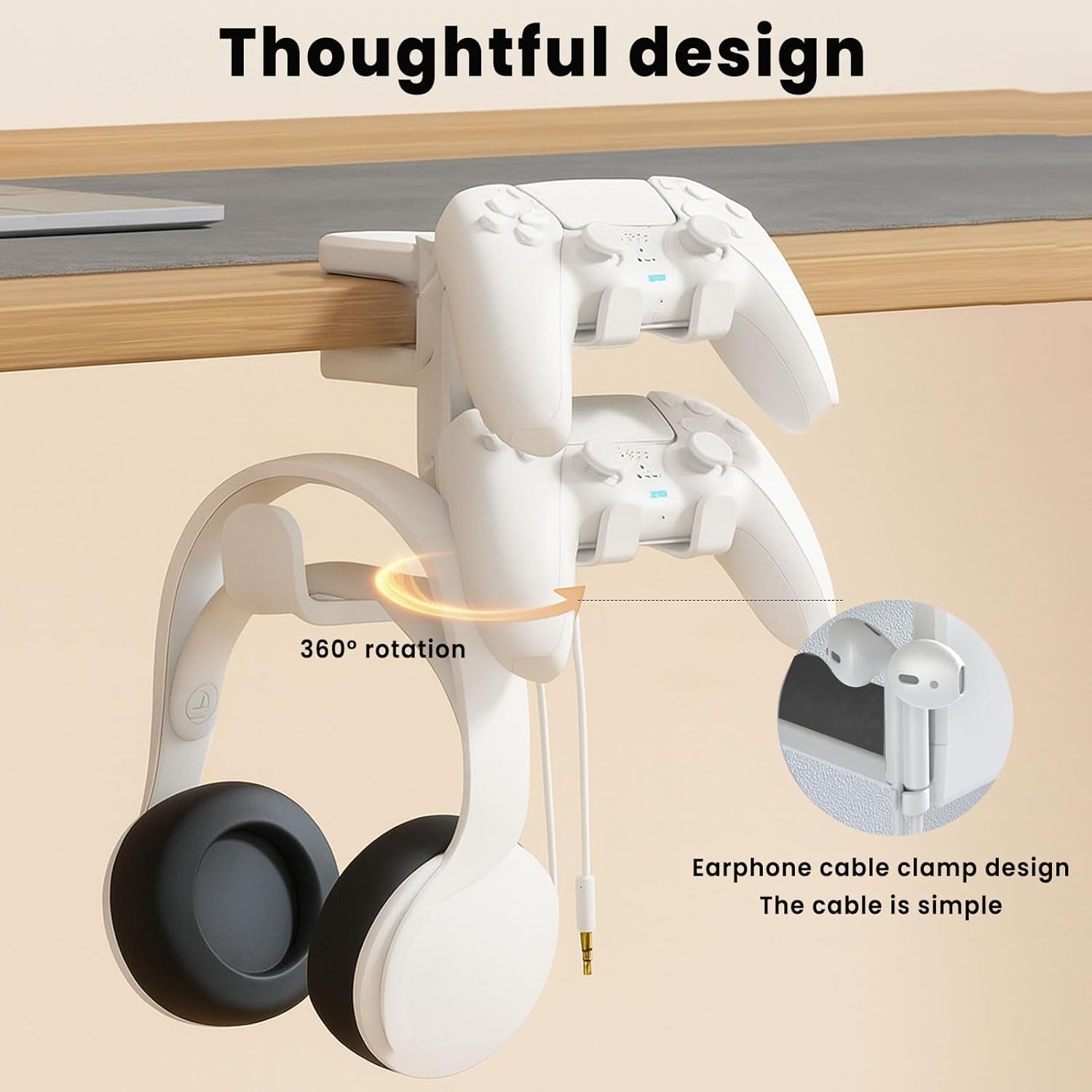 Rotating Headphone Stand with 360° Swivel - Adjustable Clamp-On under Desk Headset Holder, Universal Gaming & Office Headphone Hanger (Black)