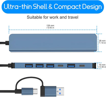 USB Hub 3.0,USB C Hub,Usb Hub with USB C Multiport Adapter, USB Splitter with 1Xusb 3.0,4Xusb2.0,2 X USB C,USB C Hub for Macbook Pro/Pc/Laptop/Tablet Devices (Grey 7In1)