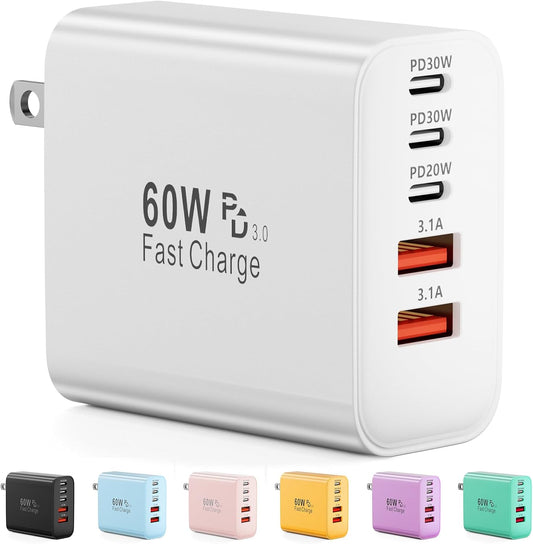 USB C Charger Block, 60W 5-Port Type C Charger Fast Charging Block, USBC USB Multiple Port Wall Charger Plug Adapter for Iphone 17/Air/16/15/14/13/12/11 Pro Max, Samsung Galaxy, Ipad, Tablet (White)