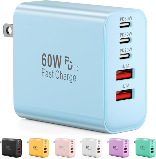 USB C Charger Block, 60W 5-Port Type C Charger Fast Charging Block, USBC USB Multiple Port Wall Charger Plug Adapter for Iphone 17/Air/16/15/14/13/12/11 Pro Max, Samsung Galaxy, Ipad, Tablet (Blue)