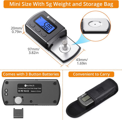 Digital Turntable Stylus Force Gauge 0.01G/5.00G with Blue LCD Backlight Turntable Stylus Pressure Gauge with 5G Weight & Leather Case Accurate Tracking for Tonearm Phono Cartridge-Grey