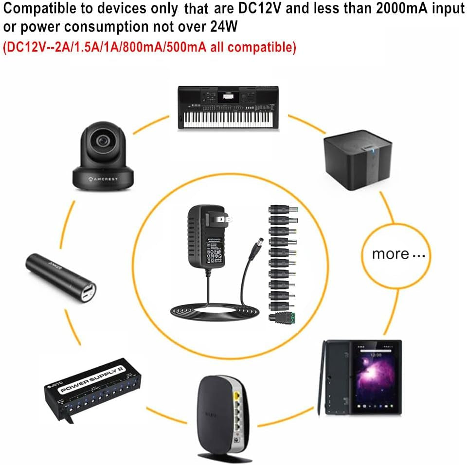 Universal AC Adapter 12V 2A Power Supply Charger 24W AC110V to DC12V 2000Ma 1500Ma 1000Ma 500Ma Power Driver 11 DC Plug Tips 12 Volt Converter Inverter Transformer Ac Dc Adapter(Dc12V~2A)